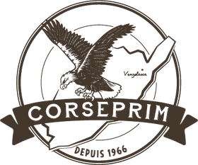 Écusson Corseprim : un aigle au-dessus de la Corse, grossiste en fruits et légumes depuis 1966